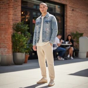 Crysp Denim Distressed Jean Jacket With Paint Splatters - S